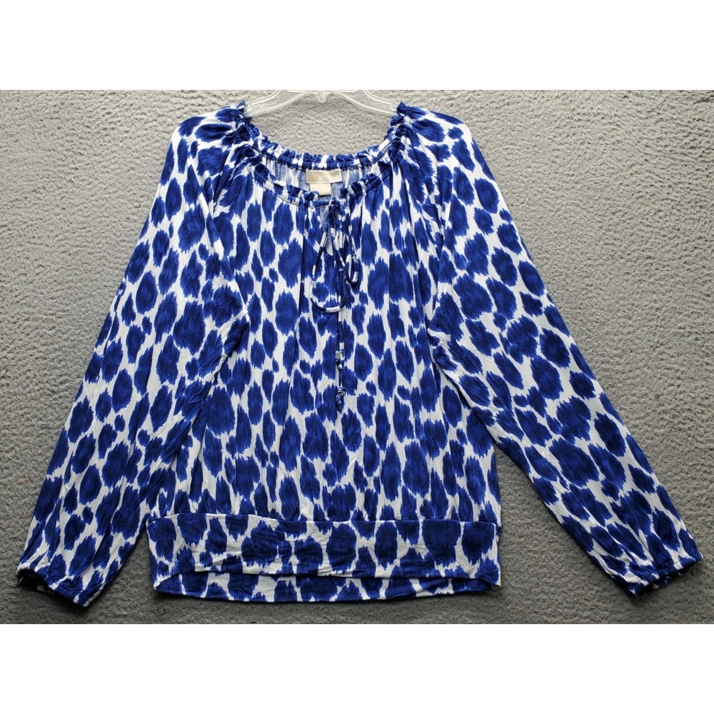 Michael Kors Blouse Top Womens L Multi Abstract Leopard Print Tie Neck Rib Hem